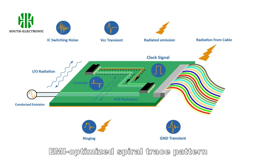 EMI-optimized spiral trace pattern vs conventional grid